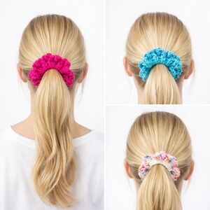 Handmade Textured Crocheted Scrunchies Ponytail Holder Hair Tie Set Of 3 - New